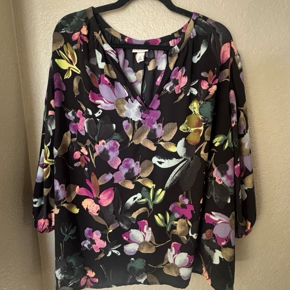 Ava‎ & Viv 2X blouse black floral shirt long sleeve womens top